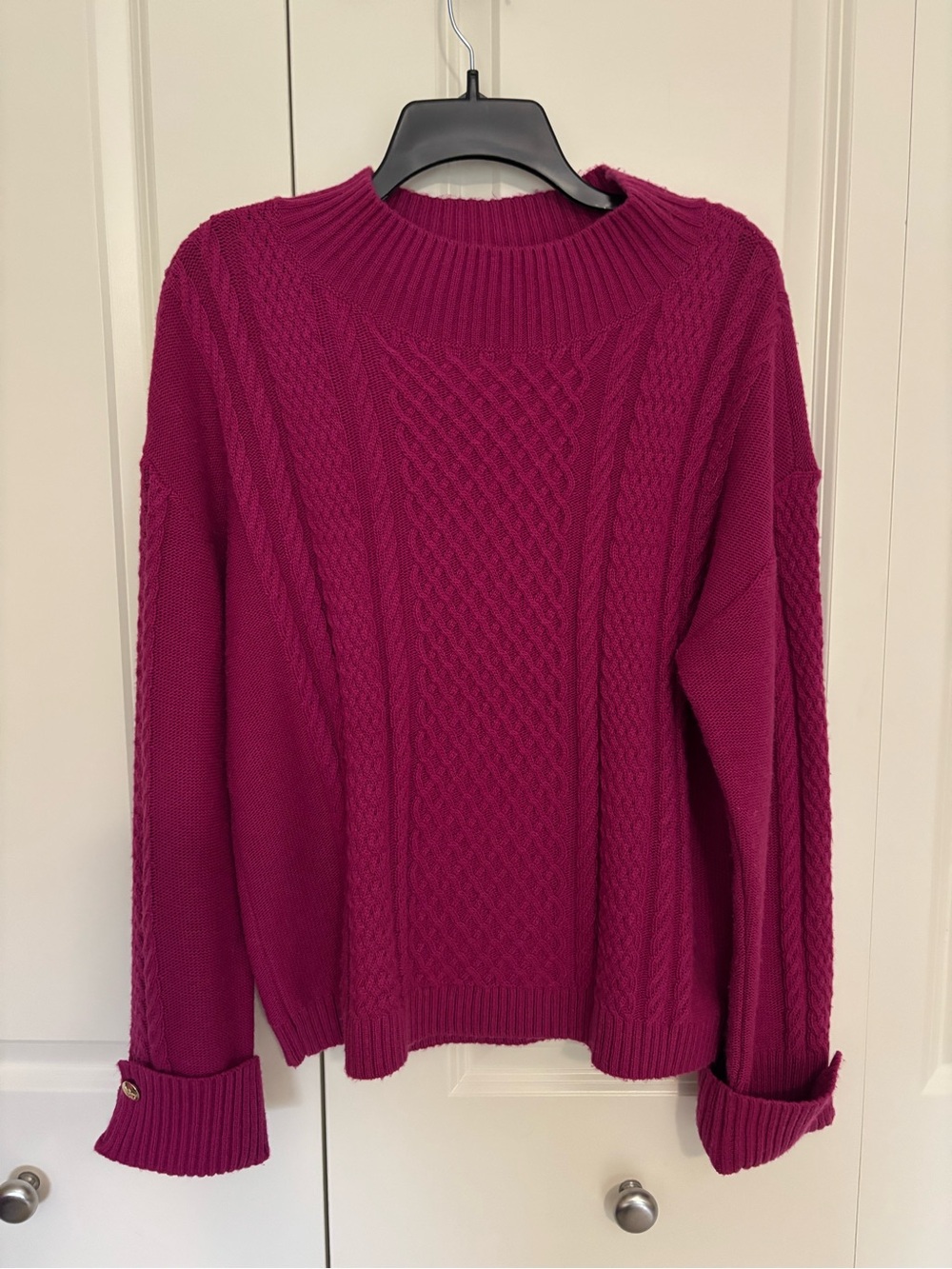 Talbots Cable Knit Button Cuff Sweater Vivid Berry Large NWT.